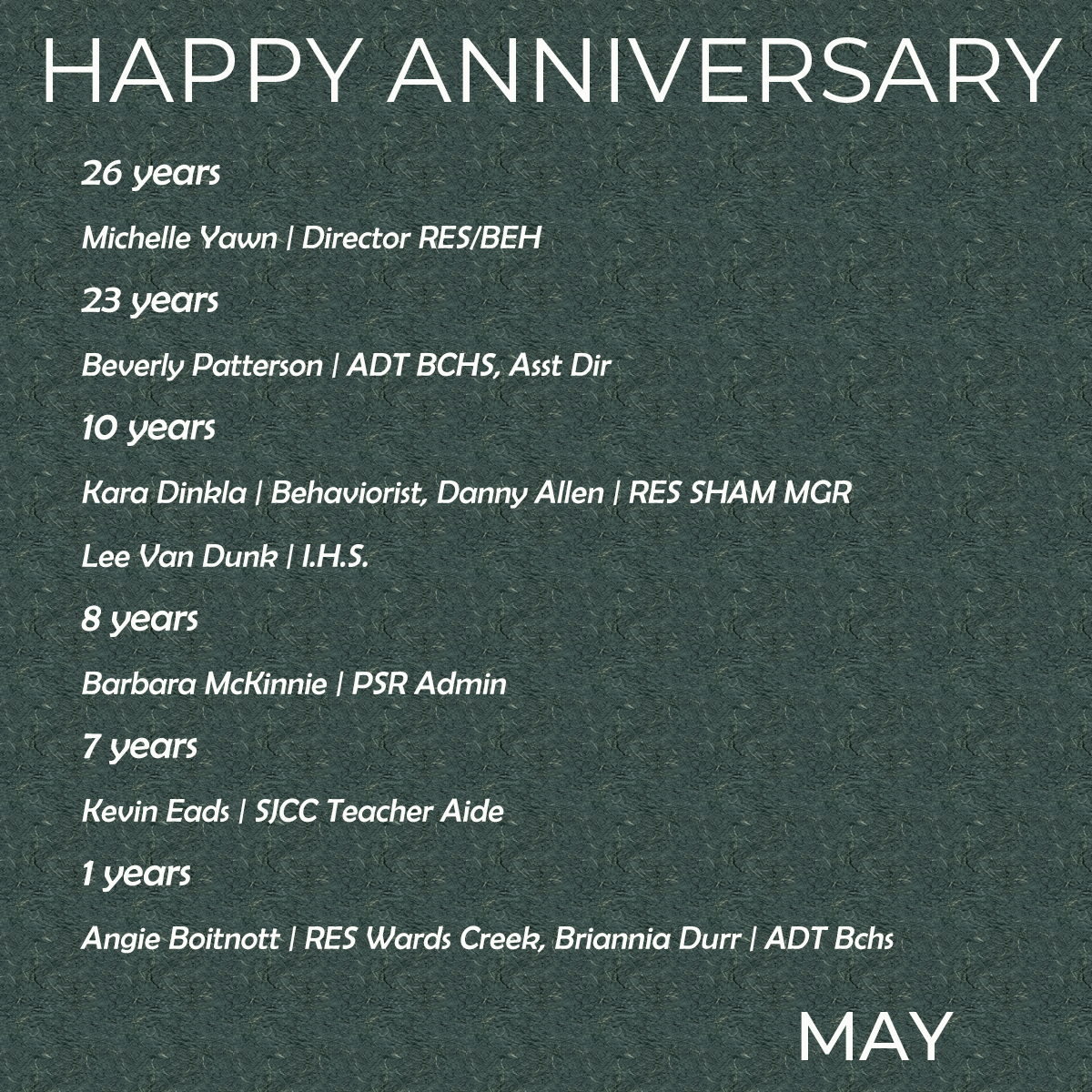 May Anniversary schedule